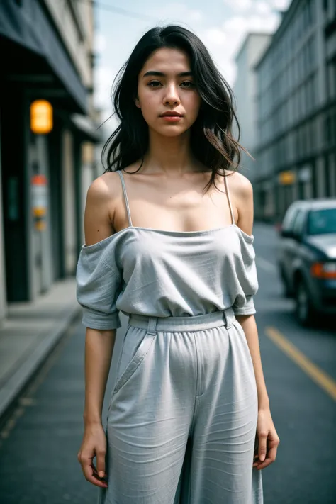 street fashion photography photo of a woman, (bitter face expression), gray hair, off-the-shoulder jumpsuit with platform espadrilles, cropped shoulders, under light beams streaming through haze, asymmetry, shot on a Rolleiflex