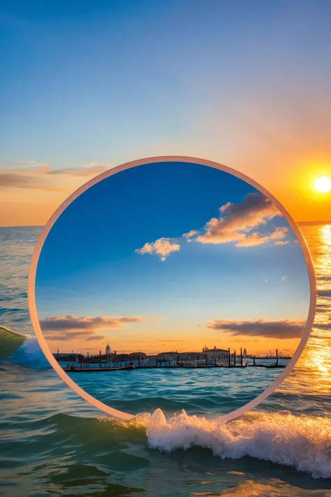 a realistic photo of a sunset over Venice Beach with a singular cloud that hangs in the distance against the half circle sun on the horizon, cloud shaped like a happy face, realistic photo