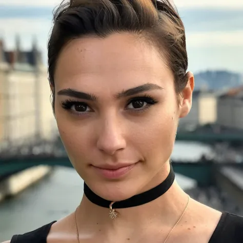 (Skin Texture, pores, natural,iPhone,RAW)), natural lighting,Highest Quality (Closeup) portrait photo of a woman with short hair ,black thin choker, Nikon Z9, realistic matte skin,  blurry city in the background, 8K, symmetric,   <lora:galgadot_xl_1_standa...