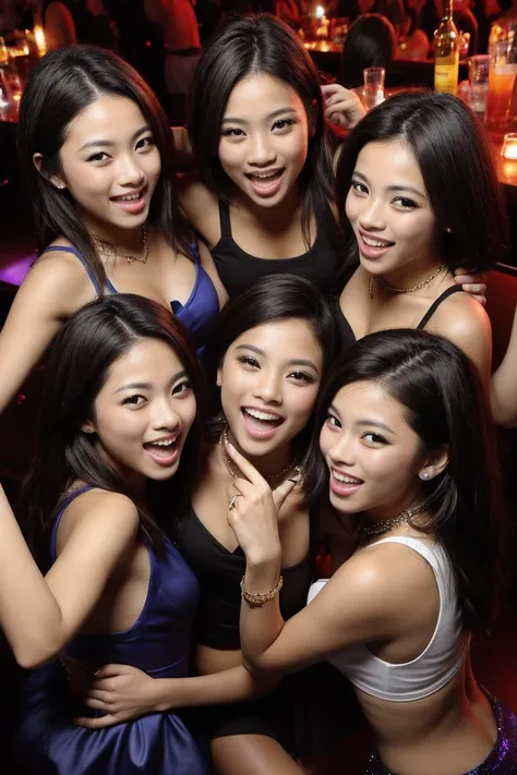 multiple girls, club photograph, from above, a woman having fun with their friends, one lucky guy, wearing fashion outfits, drunk, cute, happy hour, slightly sexual, direct flash photography