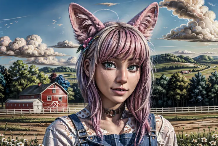 (not_furry:1.3), (human_focus:1.2), (close-up:1.2), female, (bimbofication:1.2), (girly:1.2), dog_ears, animal_ears, small_breasts, overalls,  (cow_print:0.8), leather, farm, outside, (fantasy:1.3), (magic:_the_gathering:1), official_art, realistic, (digit...