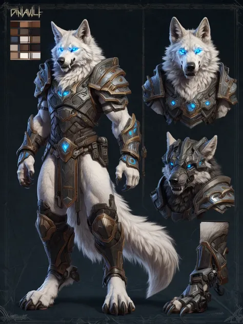 concept art, ((model sheet)), multiple angles, solo, anthro, mammal, canid, canine, armor, male, fur, hi res, wolf, canis, text, glowing, glowing eyes, blue eyes, claws, english text, white fur, were, clothing, white body, fangs, machine, blizzard entertai...