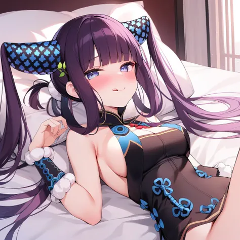 masterpiece,best quality,1girl, solo, tongue_out, twintails, tongue, breasts, yang_guifei_(fate), long_hair, blush, blue_eyes, dress, bangs, chinese_clothes, looking_at_viewer, hair_ornament, bare_shoulders, blunt_bangs, purple_hair, pillow, china_dress, b...