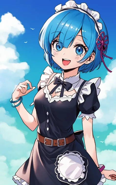 Rem(re zero kara hajrmeru isekai seikatsu),Maid service, blue hair, short hair,(upper body),blue sky, white cloud,belt, anklet,best quality,