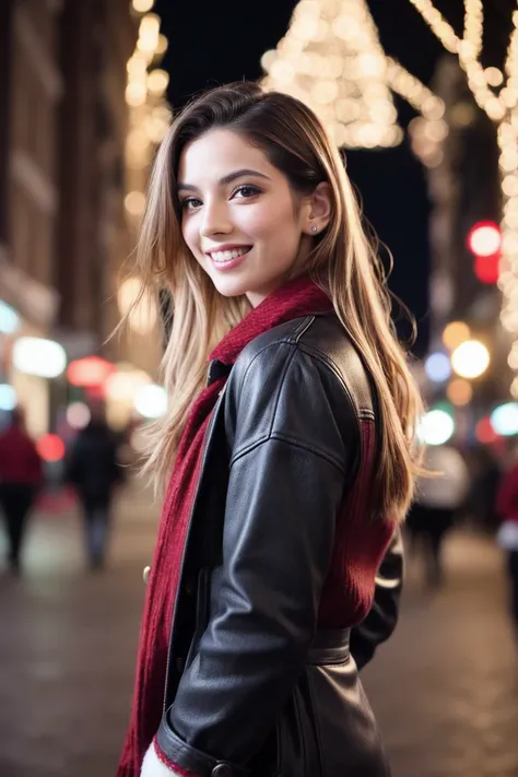 Film still, cinematic, fashion editorial portrait of a cute woman, Christmas lights, smiling, full body, motion blur, slow shutter speed, bokeh, shot on film, sharp focus, shot on canon, vibrant tones, colorful, low key, (detailed skin texture, detailed ey...