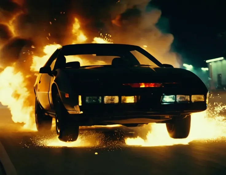 kitt1984 driving through a big explosion, on fire, cinematic, action <lora:kitt1984XL:0.8> at night