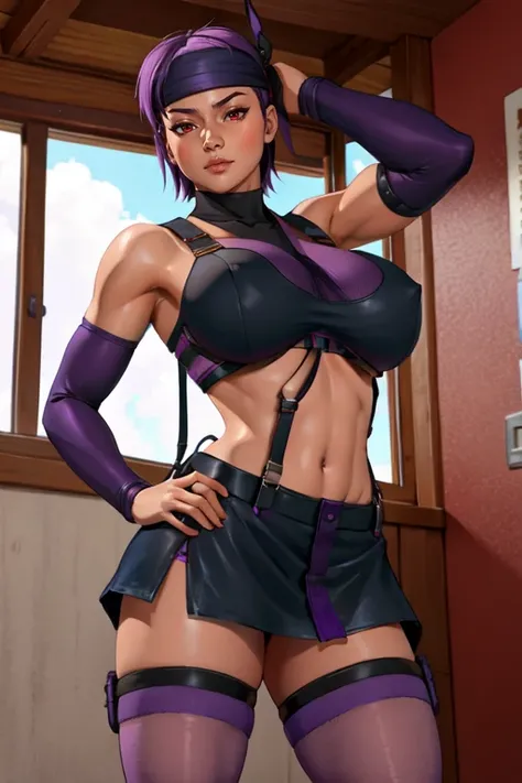 masterpiece,best quality,extreme detail,8k,<lora:ayane:0.8>,ayane2,1girl,solo,breasts,short hair,skirt,large breasts,red eyes,thighhighs,navel,purple hair,midriff,miniskirt,zettai ryouiki,hand on hip,underboob,headband,suspenders,cowboy_shot,upper_body,