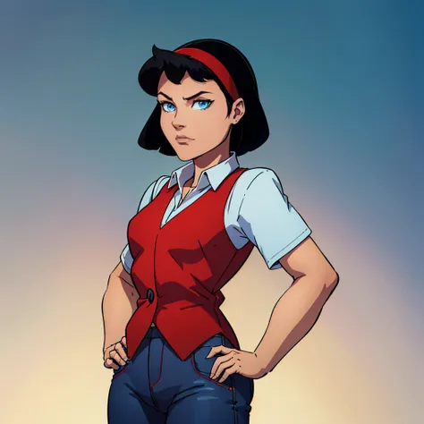 1girl, solo,  black hair, blue eyes, red headband, short hair, shirt, red vest, bea,  blue pants,  <lora:Bea_MightyMax_Leaf2-10:0.8>,   cowboy shot, gradient background,