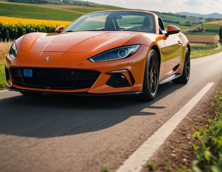 a macro photo of a sports car, driving around the Italian countryside, 8k, realistic, FUJIFILM, diffuse lighting, detailed lighting