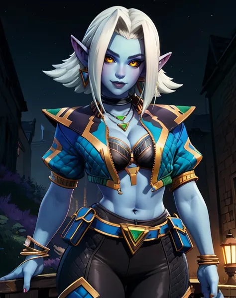 Saati,short white hair,blue skin,yellow eyes,black sclera,pointy ears,
standing,smiling,necklace,
open cropped jacket,midriff,earrings,pants,bracelet,cleavage,
nighttime,outdoors,
(insanely detailed, beautiful detailed face, masterpiece, best quality),solo...