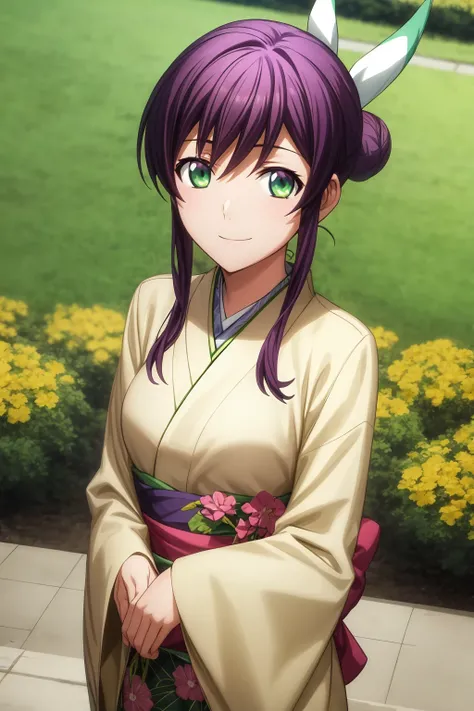 best quality, masterpiece, 1girl, solo, aqua eyes, purple hair, sidelocks, hair bun, single hair bun, look at viewer, smile, mikono_suzushiro, (green kimono:1.2), day, flower garden background