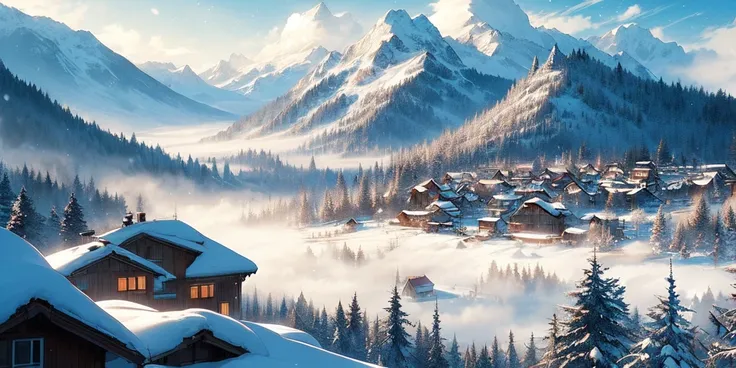 A serene and picturesque winter landscape in a mountainous region. The foreground features wooden houses with steep, snow-covered roofs, indicative of a village or small town setting. Pine trees interspersed among the houses are also covered in snow, addin...