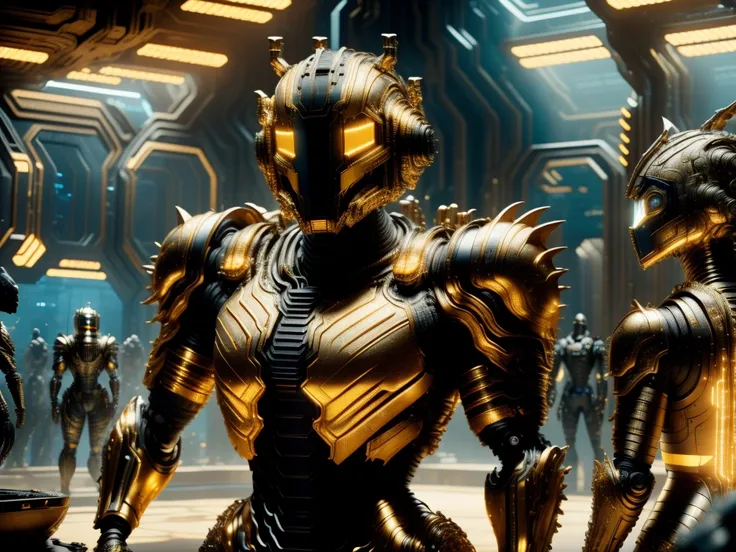 UHD, 8K, ultra detailed, a cinematic photograph of ici, a mechanical creature with spiked head in golden armor, people in the background, futuristic room with lots of lights, medium shot, beautiful lighting, great composition