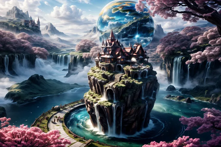 clock_realm,clock,((masterpiece)),((best quality)),8k,high detailed,ultra-detailed,illustration,concept art,fantasy,a floating island,candy tree,porcelain house, (floating waterfalls:1.1),(floating islands in the sky:1.2),magical creatures,capturing the ot...