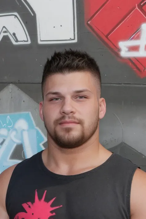 close-up headshot photo of sc_brodie <lora:sc_brodie-04:1> with facial hair wearing a red tank top standing in front of a graffiti wall, looking at viewer