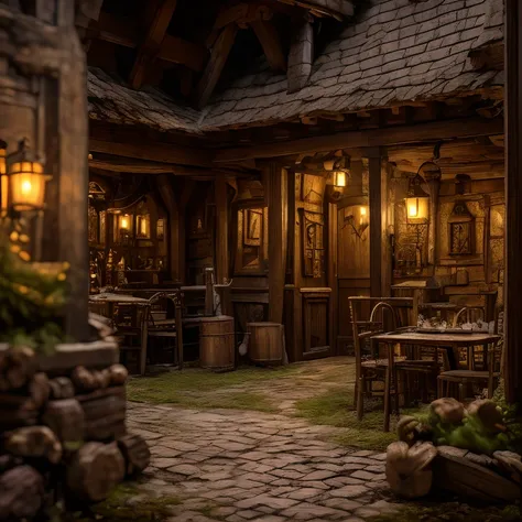 (masterpiece:1.2), (best quality,:1.2), 8k, HDR, ultra detailed, ((photorealistic)), perfect anatomy, professional light, cinematic lighting, fashion photography, ambient lighting,<lora:detail_slider_v4:3>, outside a medieval fantasy tavern, old house, dar...