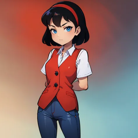 1girl, solo,  black hair, blue eyes, red headband, short hair, shirt, red vest, bea,  blue pants,  <lora:Bea_MightyMax_Leaf2-10:0.8>, arms behind back,   gradient background, simple background,