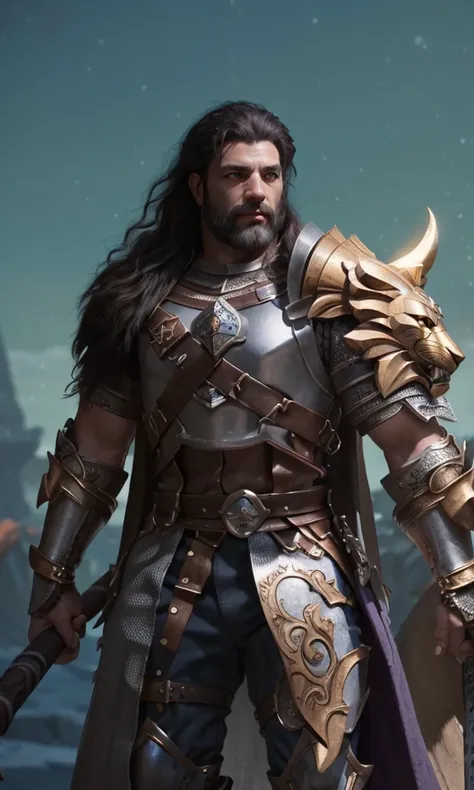 epicpauldrons2024, human, best quality, masterpiece, raw photo, depth of field, looking at viewer, magical, fantasy, 5 fingers, depth of field, large gauntlets, magical armor, full body, black hair, 1man, barbarian, asymmetrical armor, lion pauldron