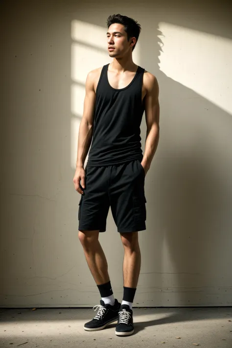 pinhole photography photo of a man, mocking, camo print cargo shorts, black tank top and high-top sneakers, group profile, under translucency, 45-degree angle, shot on a Canon EOS 5D