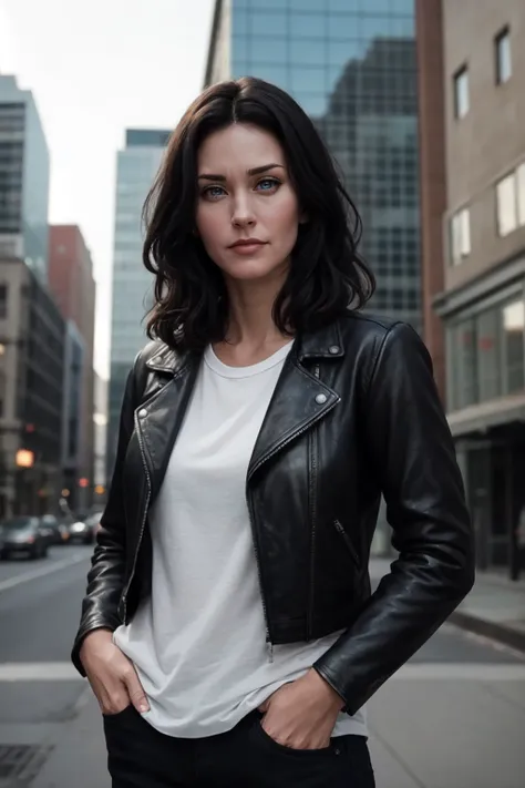 <lora:mondongo_LoRA_CourteneyCox:1> mndngwmn, (ultra realistic, 8k,high quality),(medium shot), wearing a leather jacket, on a city downtown