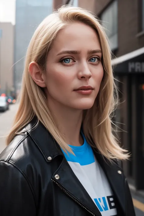 <lora:mondongo_LoRA_JaneSibbett:1> mndngwmn, blond hair, (ultra realistic, 8k,high quality),(medium shot), wearing a leather jacket, on a city downtown