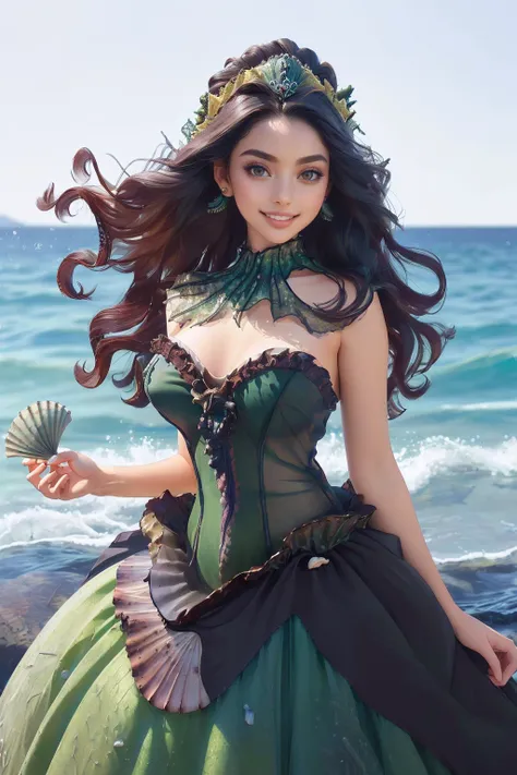 ((masterpiece,best quality,edgQuality)),(smile),standing,posing,
dark hair,edgCG_woman,edgCG_face,edgCG_body, facing viewer,
<lora:edgPorcelainDollLikeness:0.8>
 <lora:edgSeaweedGowns:1> wearing, ballgown, with seashells, edgseaweed, edgseaweed_dress