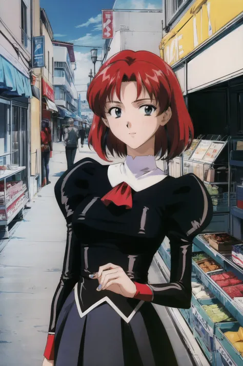 masterpiece, best quality, 1girl, looking at viewer, ultra detailed, <lora:add_detail:0.5>, market, bustling stalls, vibrant vendors, lively atmosphere, <lora:aika_style_FW:1> , cowboy shot,  black pleated skirt, puffy sleeves, uniform, juliet sleeves, lon...