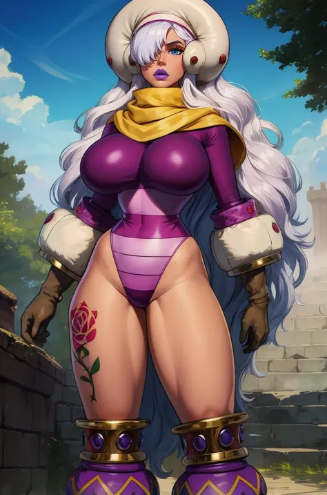 charlotte,long white hair,right thigh rose tattoo,blue eye,hair over one eye,purple lips,
pink leotard,long sleeves,large breasts,
scarf,gloves,boots,helmet,
standing,legs,
outdoors,
(insanely detailed, masterpiece, best quality),<lora:Smoothie130:0.8>,