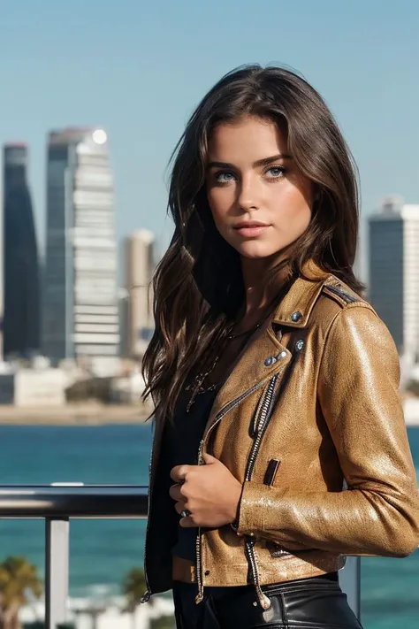 portrait of S312_Kinlllley,a gorgeous woman,in (Los Angeles:1.1),wearing a (gold-leather-jacket:1.1),(cityscape),(4k, RAW photo, best quality, depth of field, ultra high res:1.1),(absurdres, intricate, photorealistic, masterpiece, ultra-detailed:1.1),