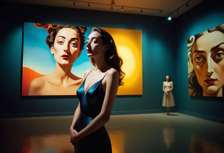 Visualize a captivating long shot of an elegantly poised woman, extremely detailed face, fully immersed in observing a surreal Salvador Dalí masterpiece in a dimly lit art studio. The studio, a haven of artistic endeavor, is filled with an eclectic collect...