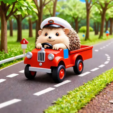 Photo of a hedgehog driving an adorable miniature toy truck, wearing a tiny drivers cap and holding onto the steering wheel with its tiny paws, with a background of a miniature road and trees to create a whimsical and adorable scene.