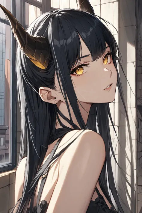 black hair, horns, portrait, bare shoulders, indoors, building, wall, yellow eyes, (lipstick:0.4)