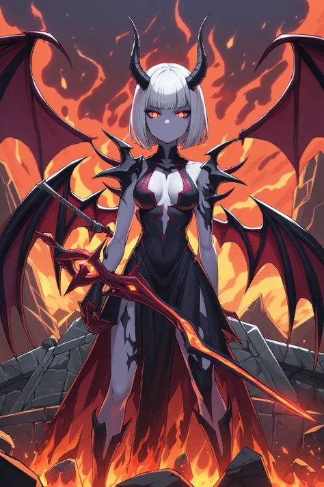 2.5D style, a demoness staring down at her latest victim with an air of arrogance, white hair, red eyes, expressionless, bob cut, looking at viewer, standing on cliff, fire in background, medium breasts, demon horns, holding sword, holding fire, raised eye...