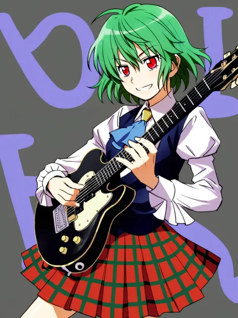 art by matsukitchi, 1girl, instrument, solo, kazami yuuka, green hair, guitar, red eyes, ascot, skirt, vest, long sleeves, short hair, puffy sleeves, shirt, plaid, electric guitar, juliet sleeves, smile, plaid skirt