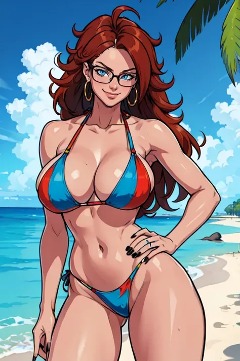 masterpiece,best quality,extreme detail,8k,<lora:21:0.6>,androide21,1girl,solo,long hair,breasts,looking at viewer,smile,blue eyes,large breasts,brown hair,navel,cleavage,bare shoulders,jewelry,collarbone,swimsuit,bikini,thighs,red hair,earrings,outdoors,s...