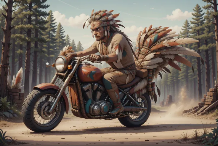 masterpiece, best quality, expressive eyes, absurdres,  <lora:NativeAmericanWorld:1> nativeamericanworld, 1man, riding motorbike, racing past, in motion, native american headdress,