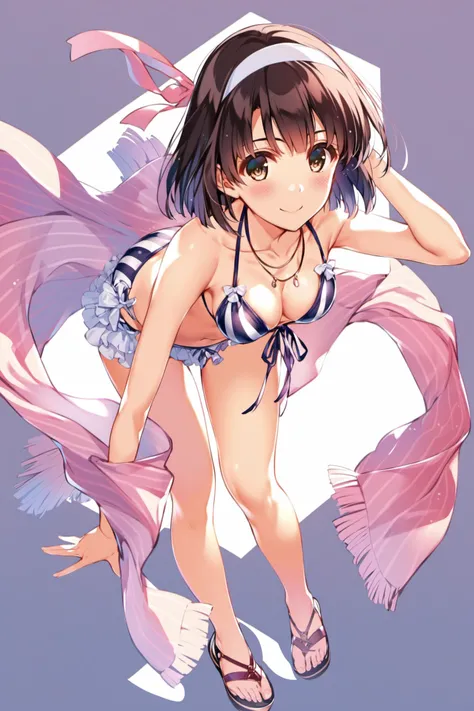 1girl, solo, katou megumi, swimsuit, bikini, breasts, striped, brown hair, short hair, navel, hairband, white background, full body, vertical-striped bikini, frills, jewelry, frilled bikini, simple background, looking at viewer, brown eyes, smile, medium b...