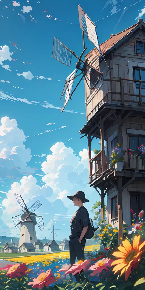  A person standing amidst rows of vibrant flowers, with windmills and houses in the background, under a partly cloudy sky, detailed
4k, DreamLensSTL