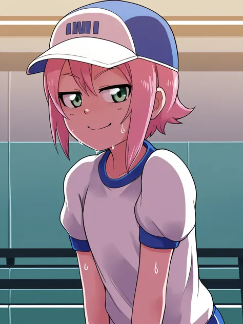 score_9, source_anime, 1girl, pink hair, green eyes, cap, smirk, solo, leaning forward, upper body, gym uniform, flat chest, sweating, dodgeball, gym storeroom, motion lines, motion blur, <lora:KanabunXL:0.87>