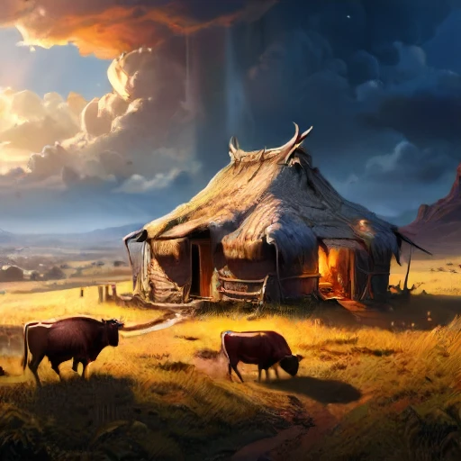 photorealistic, realistic, raw photo:1.5) and (intricately detailed:1.25), epic, masterpiece, best quality, warmly through the clouds, casting a golden tone, African 1 hut, cattles, countrry side view, raining, sunset, settlement, masterpiece, best quality...