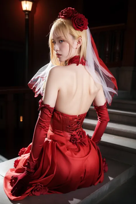 1girl,solo,medium breasts,outdoors,<lora:GoodHands-beta2:1>,(cowboy shot:1.2),(sitting on stairs:1.1),<lora:0187 Nero red rose fan costume_v1:0.9>,ruanyi0187,dress,veil,red rose,red gloves,black thighhighs,clothing cutout,corset,(from behind:1.2),, best qu...