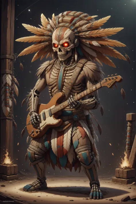 masterpiece, best quality, expressive eyes, absurdres, <lora:NativeAmericanWorld:1> nativeamericanworld, scifi, skeleton, playing the electric guitar, glowing eyes,