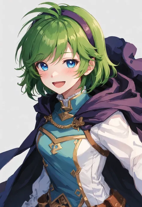 best quality, masterpiece, highres, solo, {nino_fireemblem:0.90}, 1girl, cape, looking_at_viewer, simple_background, upper_body, open_mouth, white_background, long_sleeves, smile, blush