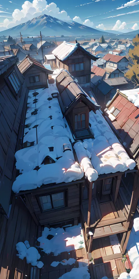 A picturesque landscape featuring a lush green valley and towering mountains with snow-capped peaks. 
Traditional wooden houses with dark roofs are scattered throughout the landscape.
vibrant blue sky adorned with fluffy clouds and airplane contrails.
4k, ...