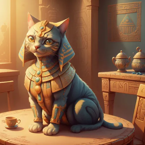 masterpiece, best quality, absurdres,  <lora:EgyptianWorld:1> egyptianworld, engravings, cat, yellow and blue fur, sitting on table,