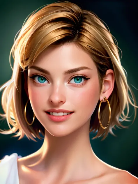 Realistic photo of a beautiful l1nd43 woman,1girl,solo,smile,short hair,blue eyes,blonde hair,brown hair,bare shoulders,jewelry,green eyes,earrings,teeth,lips,portrait,hoop earrings,realistic,soft lighting, professional Photography, Photorealistic, detaile...