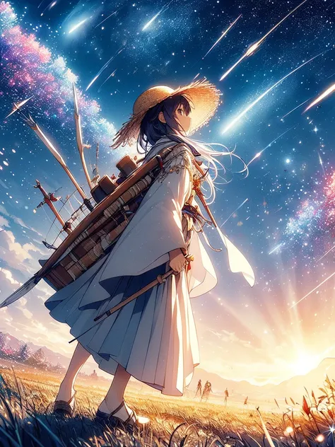 a character standing against a backdrop of a starry night sky with shooting stars. The character is wearing traditional attire, including a straw hat, and is carrying a quiver of arrows on their back. They are looking up at the sky, and the scene has an et...