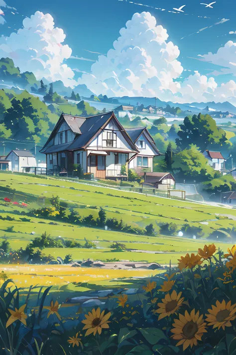 A serene and picturesque rural landscape with a quaint house surrounded by lush greenery, blooming flowers, and golden fields of grain. The sky is clear with fluffy white clouds and birds flying freely. In the distance, more houses are nestled among rollin...