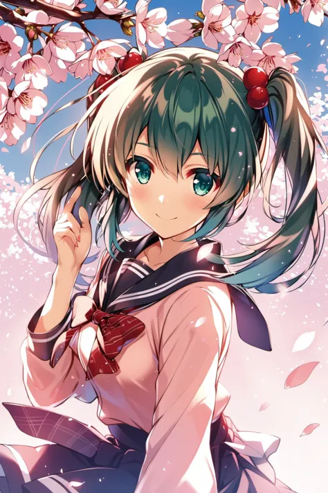 1girl, solo, hatsune miku, school uniform, green hair,cherry blossoms, cherry hair ornament, hanami, sakura,smile,looking at viewer, <lora:Misaki Kurehito_XL:0.8>