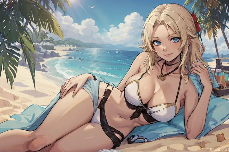 (best quality, high quality:1.2), beach, lying, beach towel, sumCatherine, 1girl, solo, dark skin, blonde hair, blue eyes, white bikini, navel, hair ornament, belt, necklace, sarong, looking at viewer, smile, cleavage, large breasts, <lora:ShamirAndCatheri...